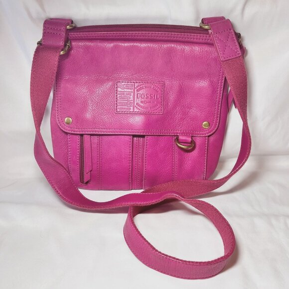 Fossil Hot Pink Crossbody Leather Purse/Bag-Lots of Compartments-Canvas Mix Srap - Picture 4 of 16